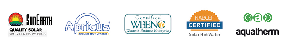 Row of six logos: SunEarth, Apricus, WBENC Women’s Biz, NABCEP Solar Hot Water, Aquatherm